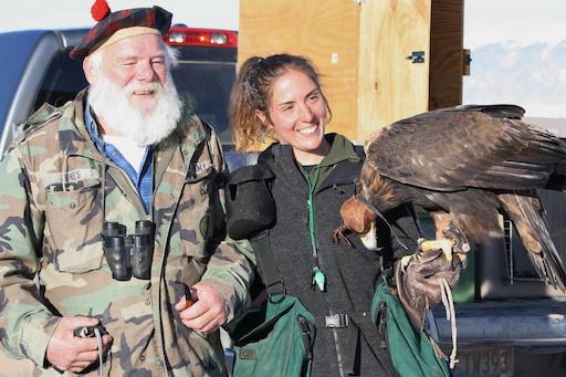 Lauren McGough and Jack Oar with eagle with Larry Ray hood